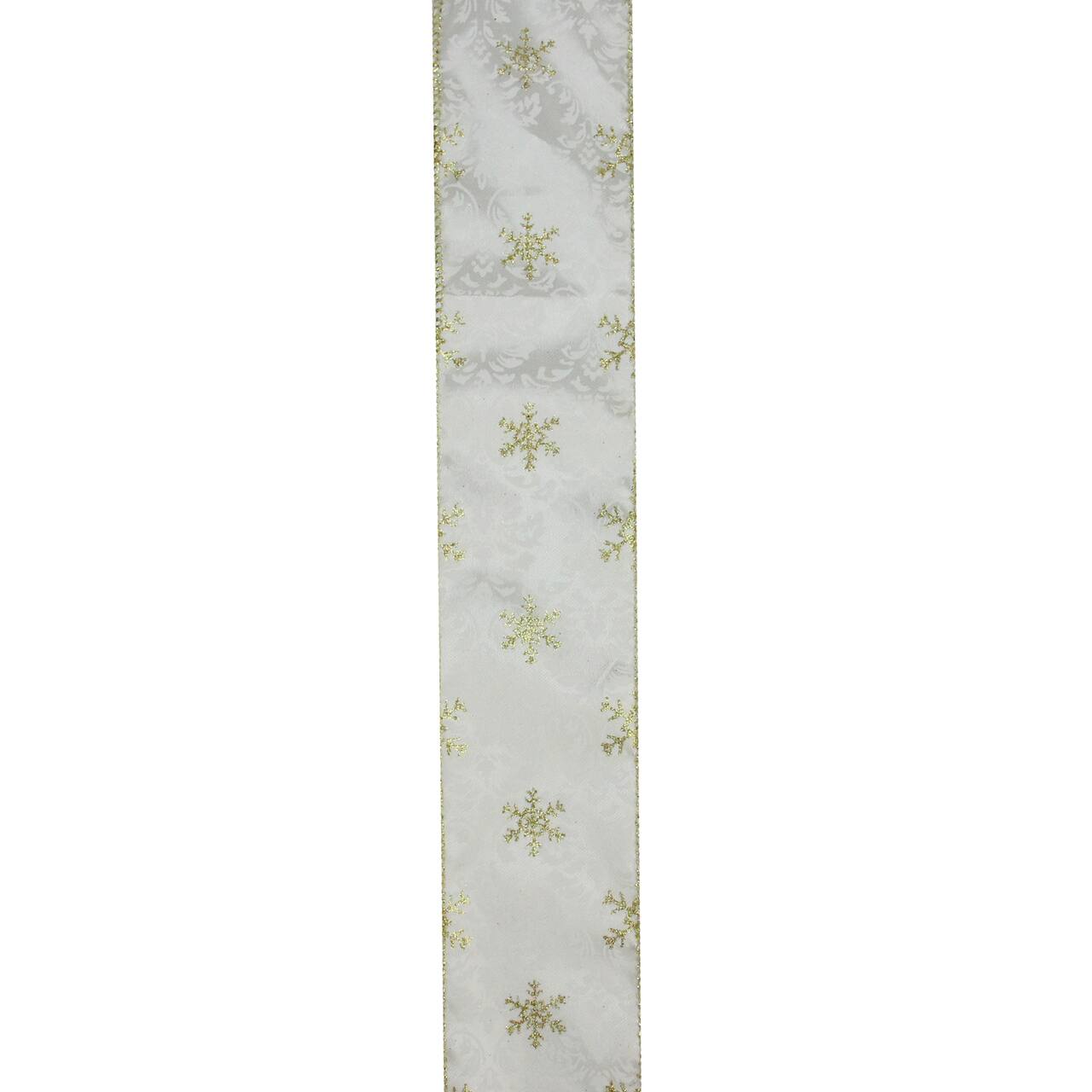 2.5" x 10yd. Wired Damask with Sparkling Snowflakes Christmas Ribbon